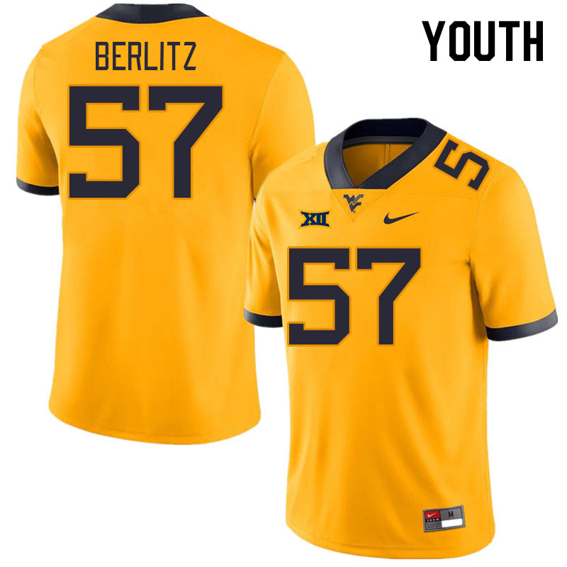 Youth #57 Derek Berlitz West Virginia Mountaineers College Football Jerseys Stitched Sale-Gold - Click Image to Close